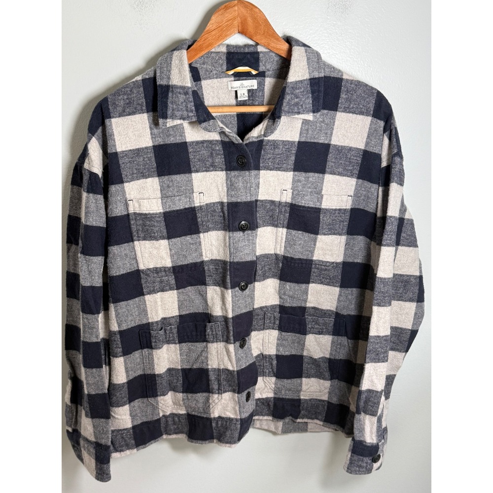 LL Bean Signature Flannel Shirt Jacket Navy Cream Plaid Cotton Chore Coat 520687